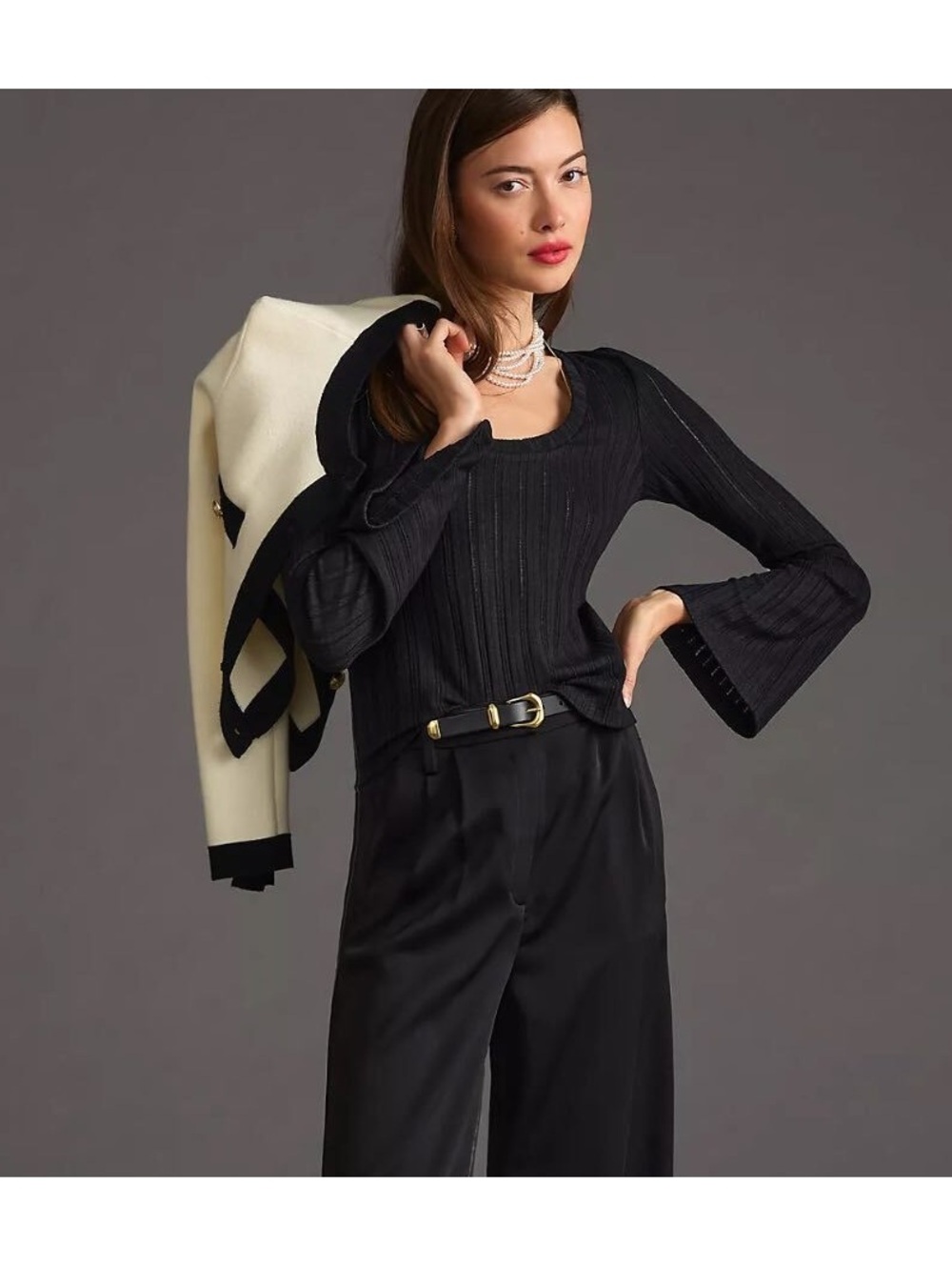 Anthropologie Bell Sleeve Ribbed Black Top | Size M